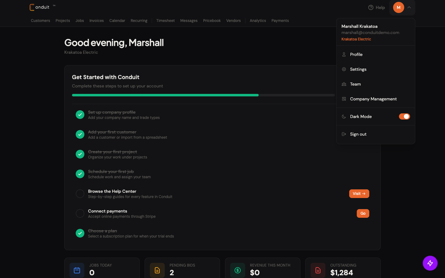 Avatar dropdown menu open with Settings highlighted