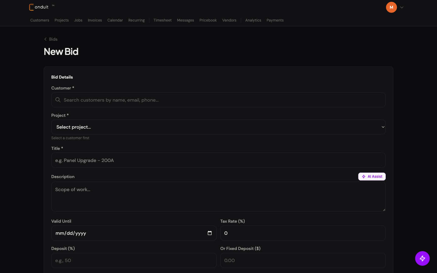 New Bid form with Customer search, Project picker, Title, Description with AI Assist button, Valid Until, and Tax Rate