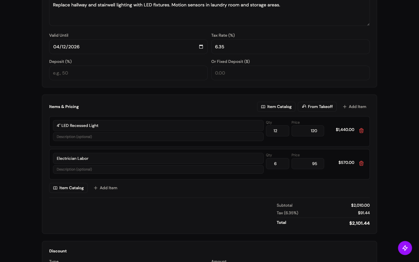 Items & Pricing section with Item Catalog, From Takeoff, and Add Item buttons; two line items (LED light, Electrician Labor); Subtotal, Tax, Total breakdown
