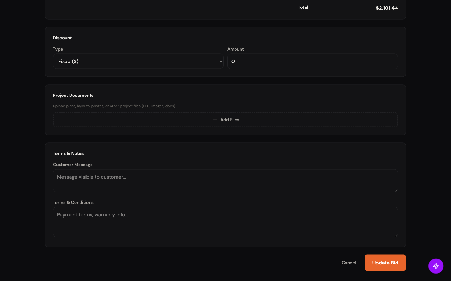 Bid form scrolled to Discount section, Project Documents (Add Files), Terms & Notes block (Customer Message + Terms & Conditions), and Update Bid button