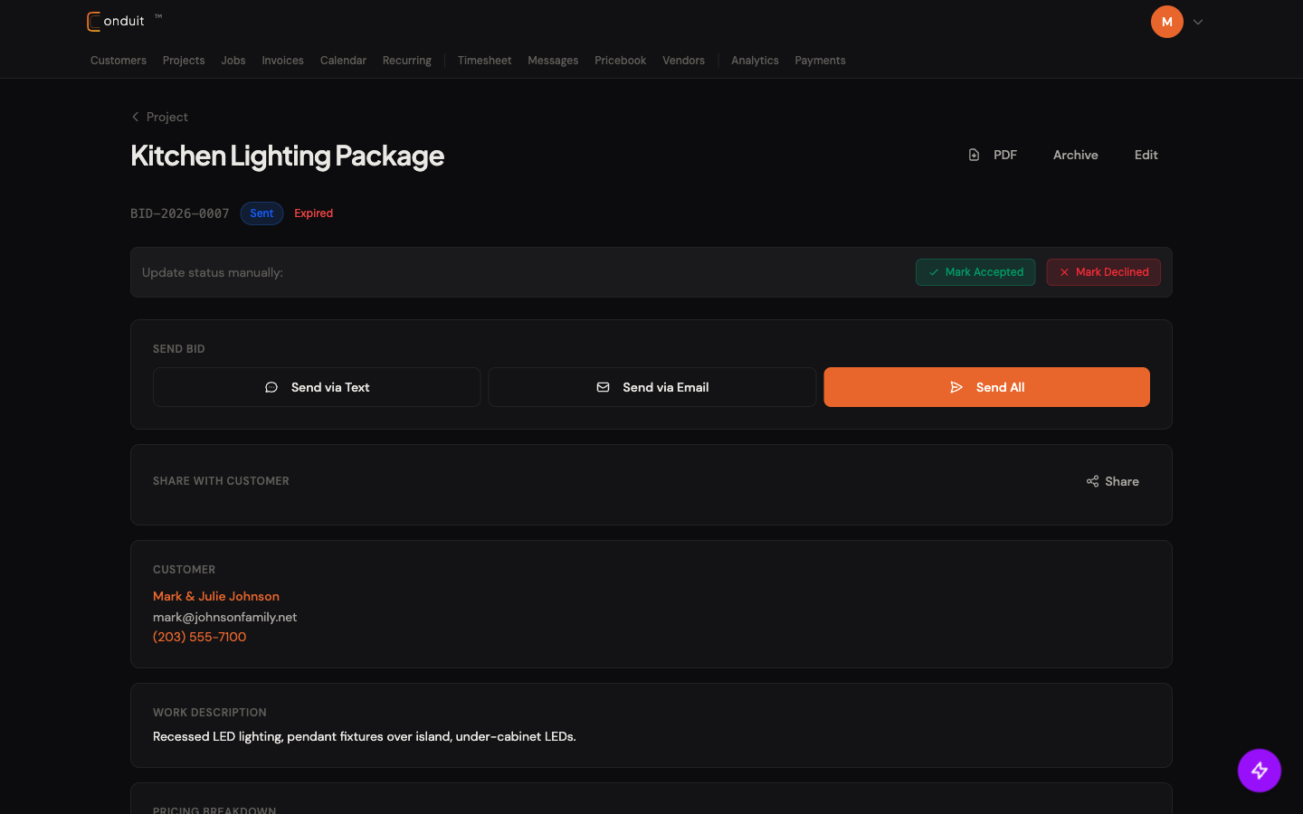 Sent bid detail showing Sent + Expired status badges, Mark Accepted/Declined buttons, Send Bid block (Text/Email/Send All), Share With Customer block, and Customer contact card