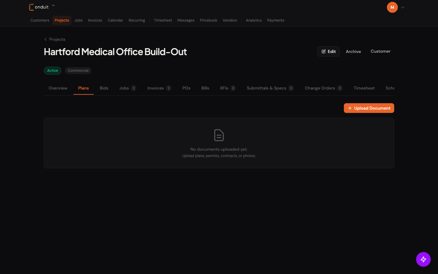 Project Plans tab in its empty state, with the Plans tab active in the tab bar and the + Upload Document button at top right