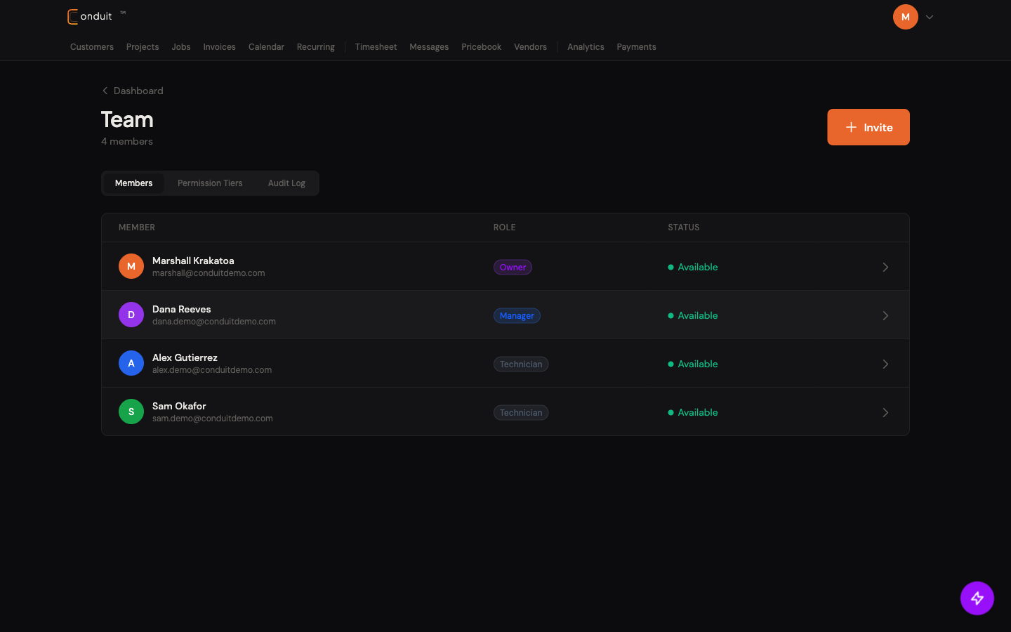 Team page with four members and an Invite button