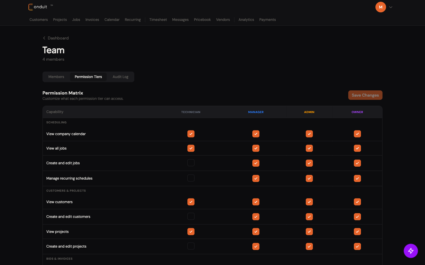 Permission matrix with capabilities by role