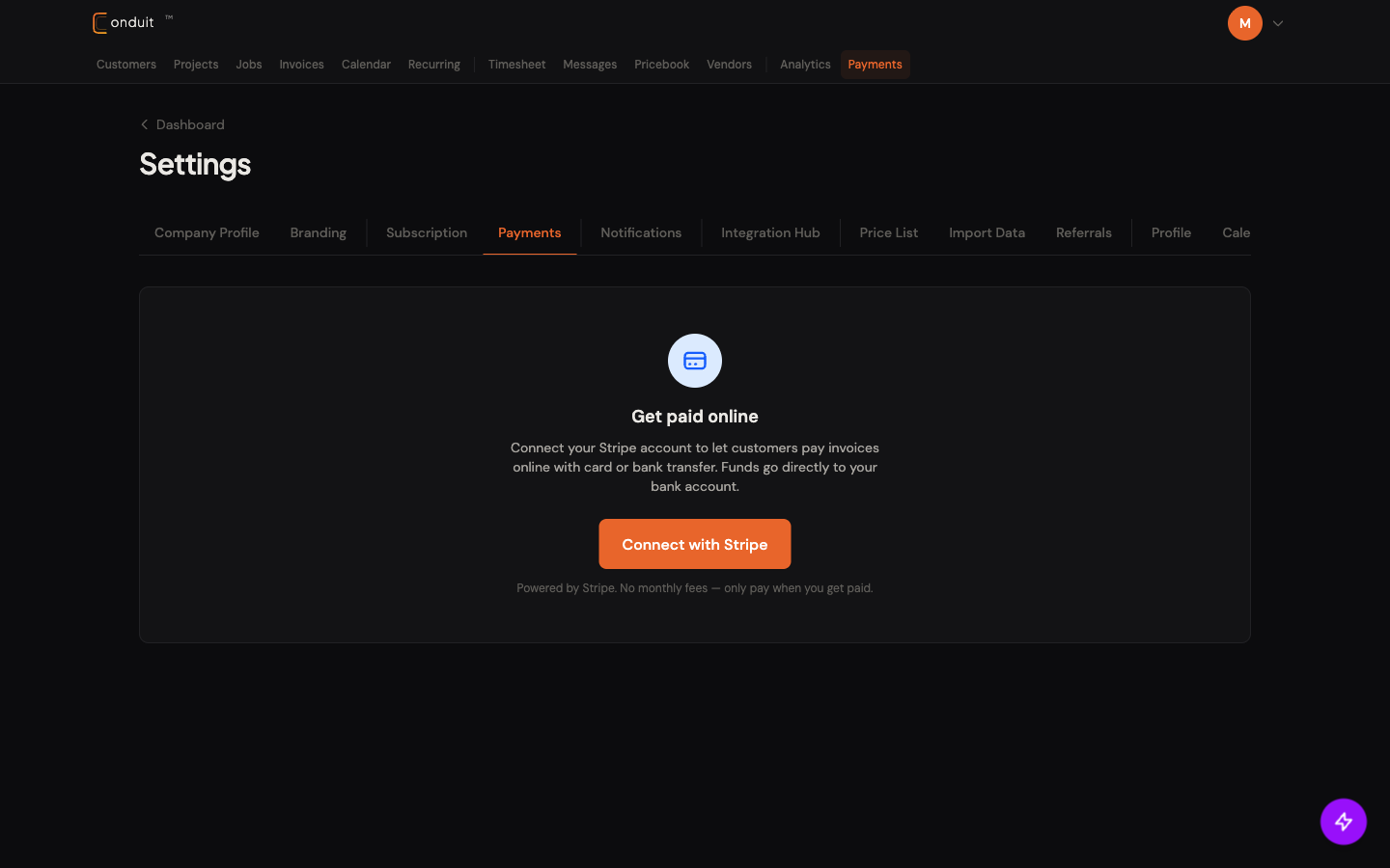 Payments tab with Connect with Stripe button
