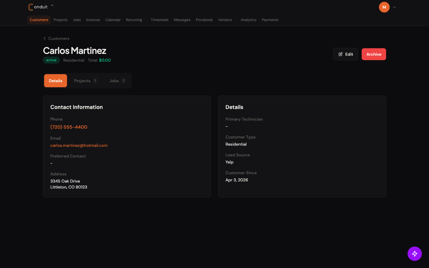 Customer detail page for Carlos Martinez