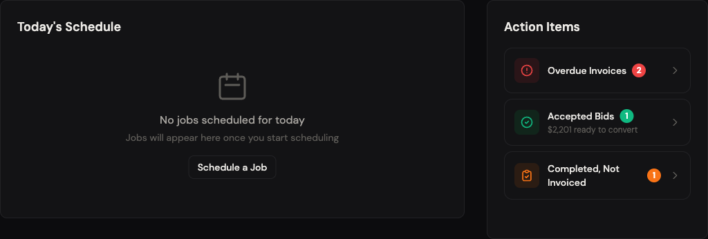 Today's Schedule on the left, Action Items on the right