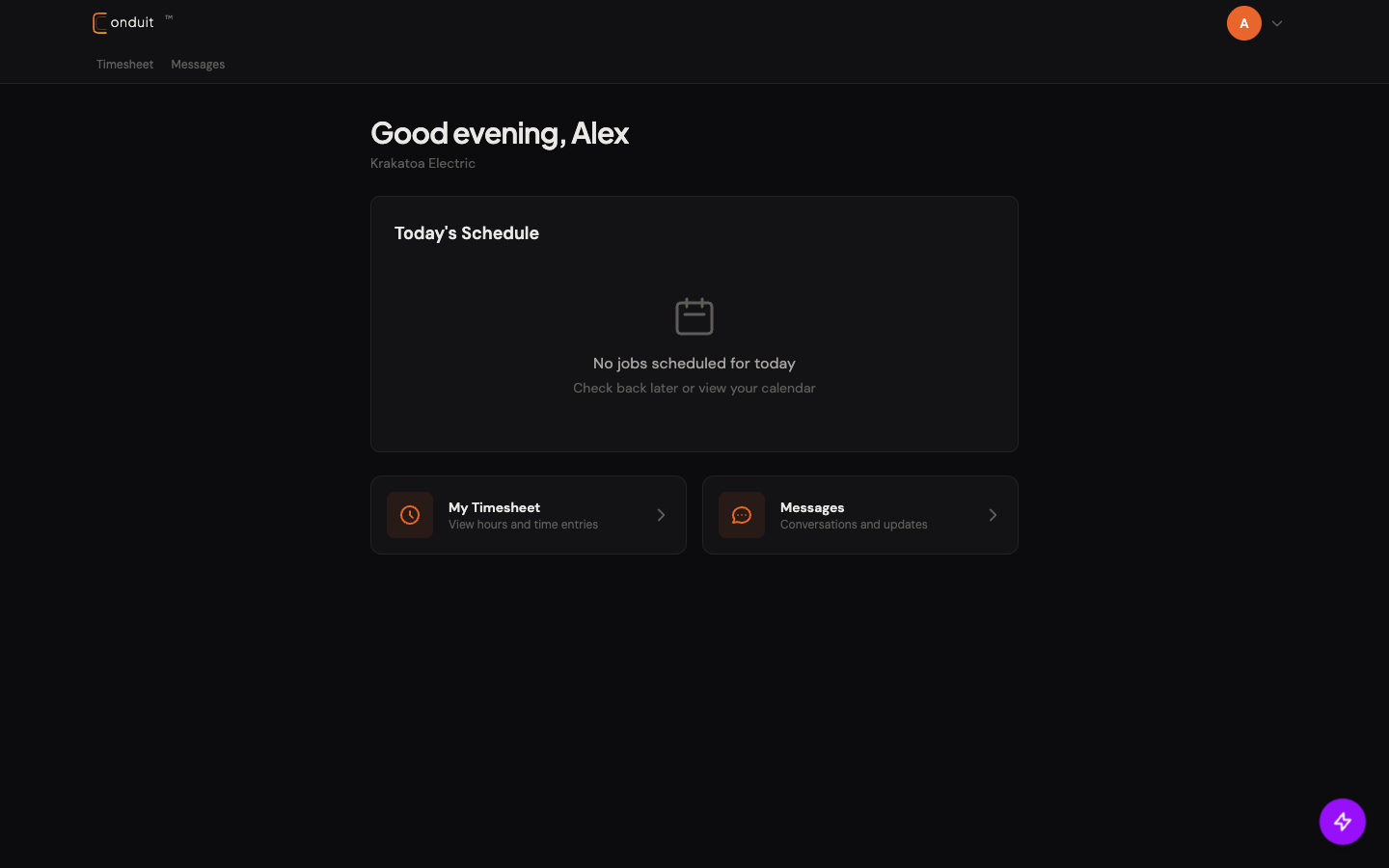 Technician dashboard with simplified nav and quick-link cards