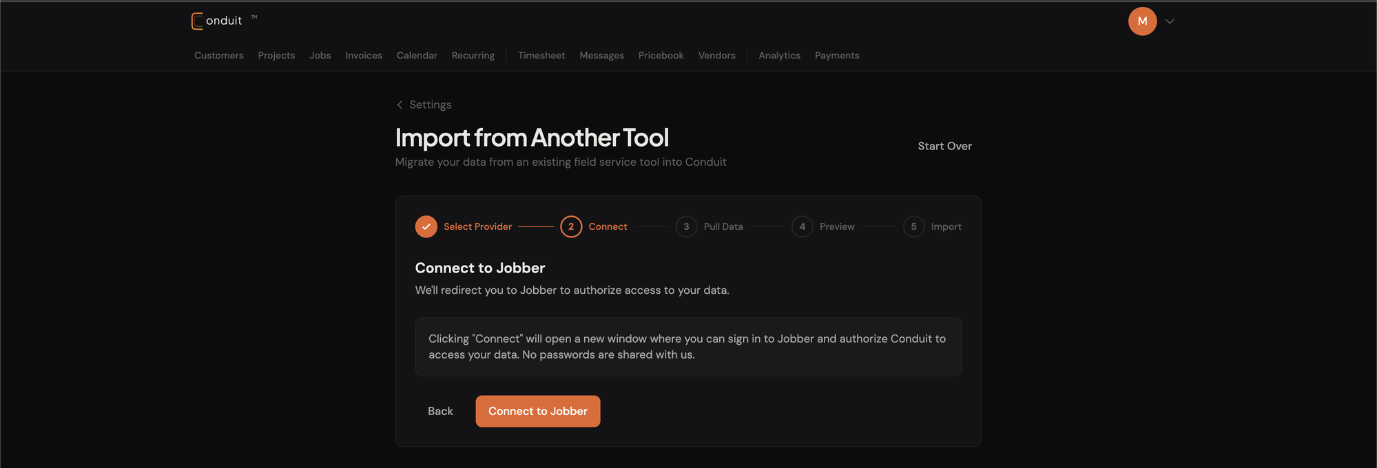 Connect to Jobber step with OAuth handoff