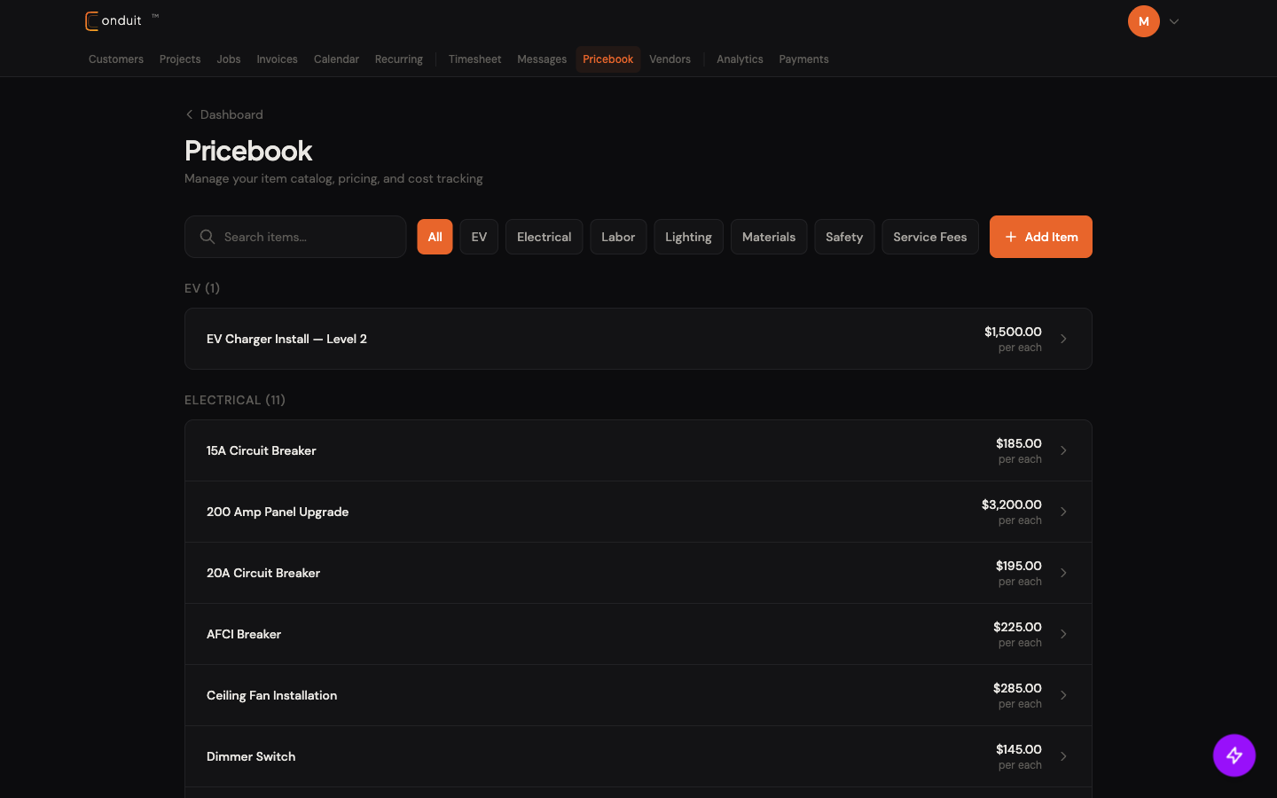 Pricebook list grouped by category