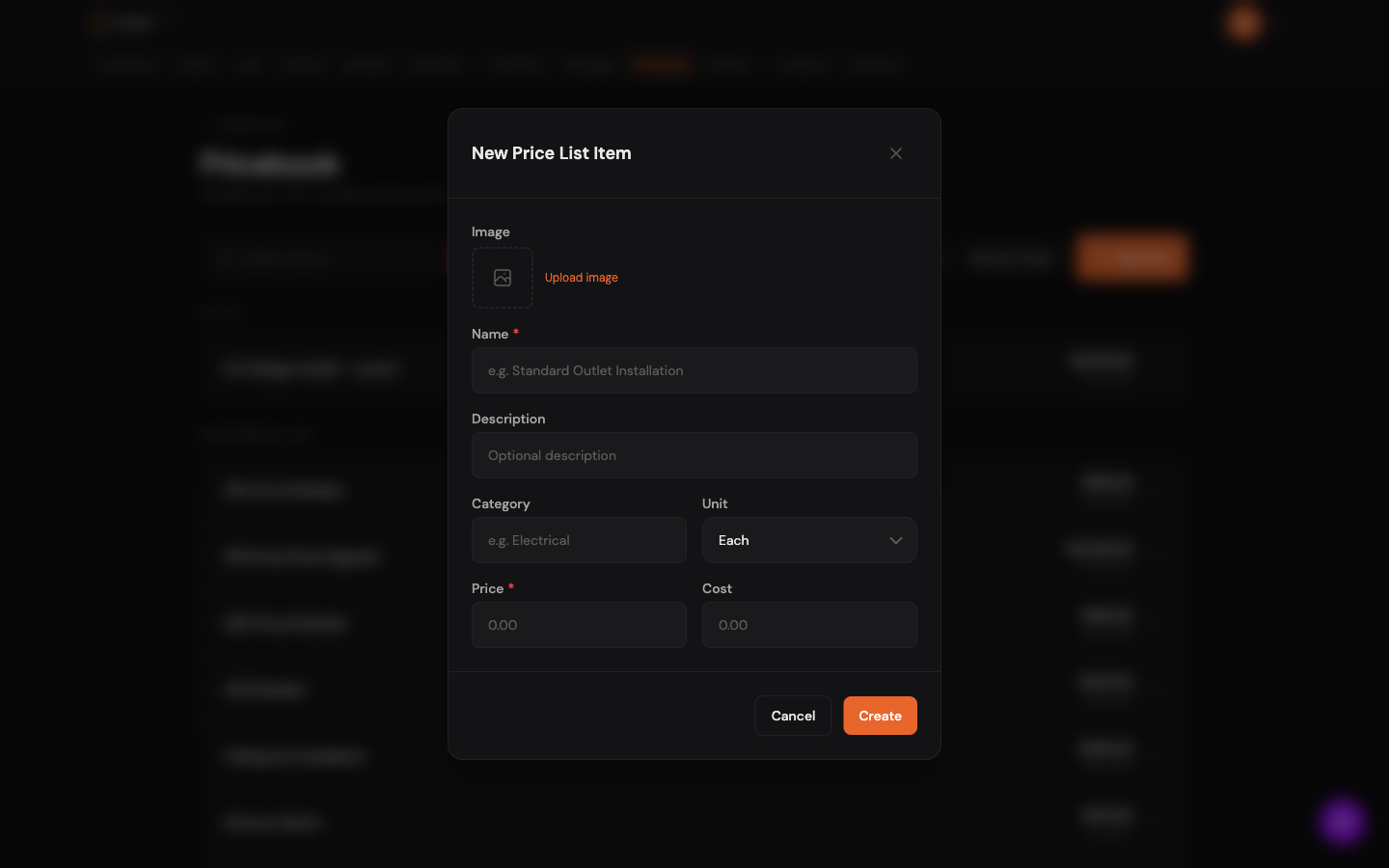 New Price List Item modal with all form fields
