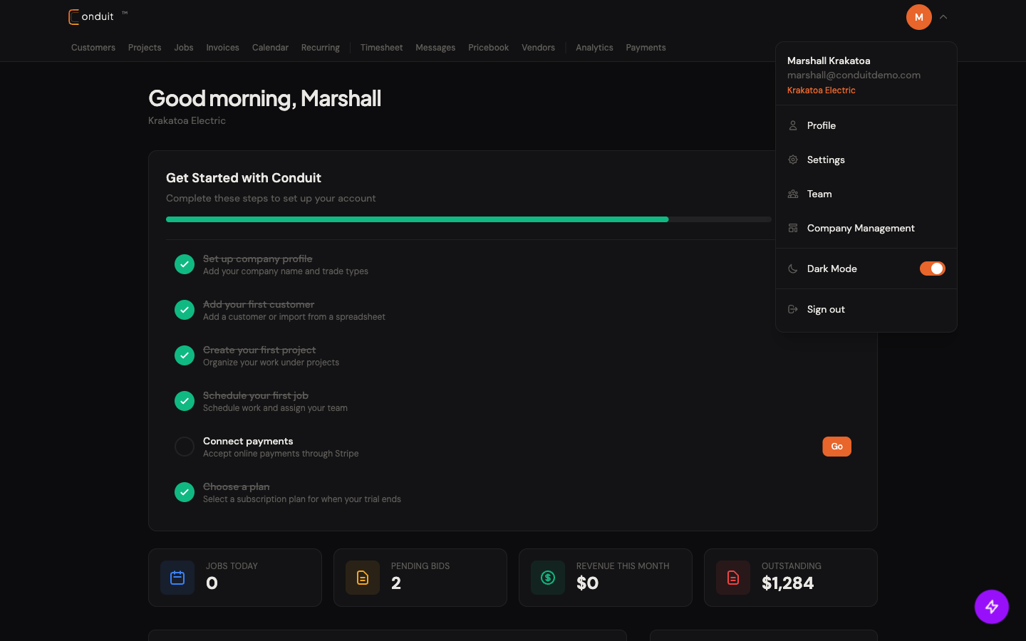 Avatar dropdown menu open