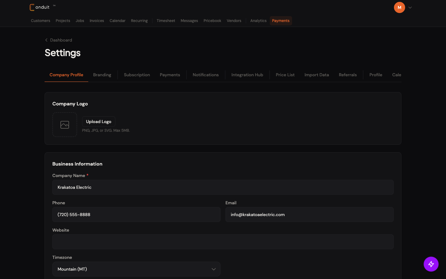 Company Profile settings page filled in