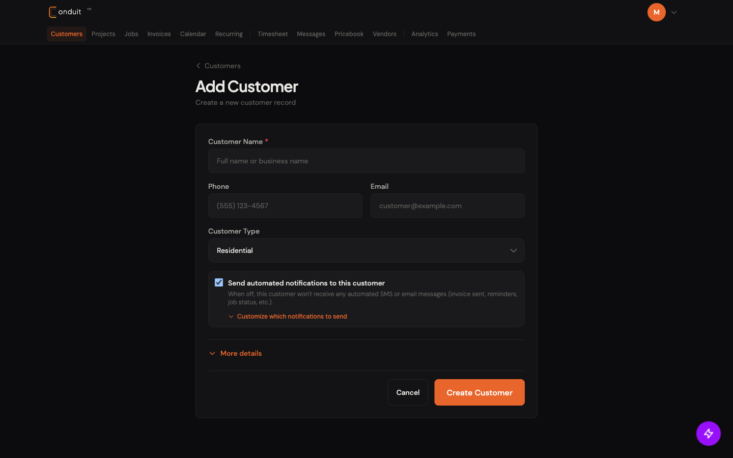 Add Customer form with the four essential fields