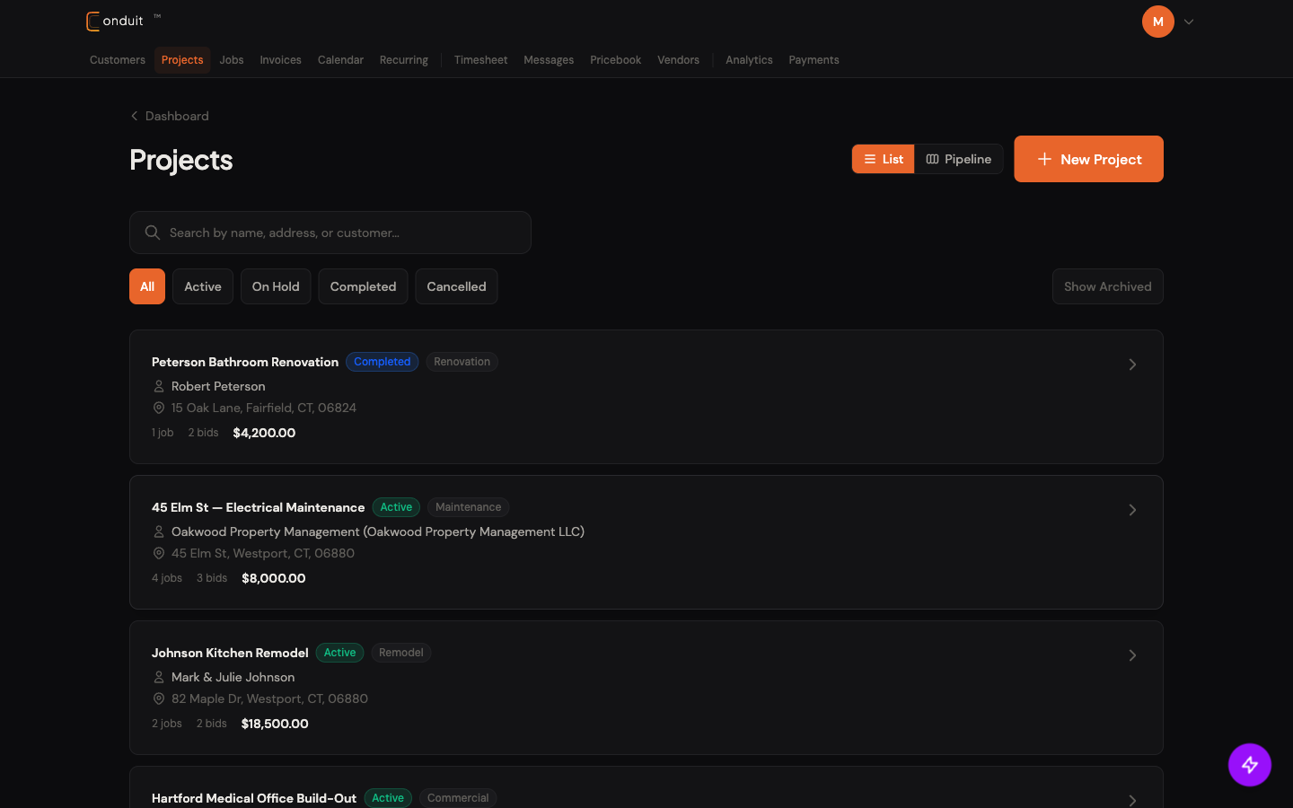 Projects list with view toggle, New Project button, search, status filter chips, and project cards