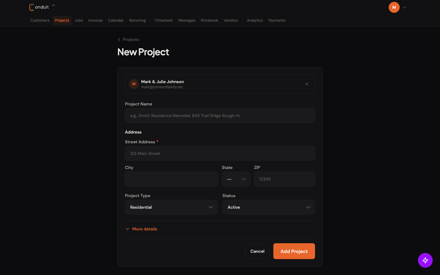 New Project form with customer card, Project Name, Street Address, Project Type, Status, More details disclosure, and Add Project button