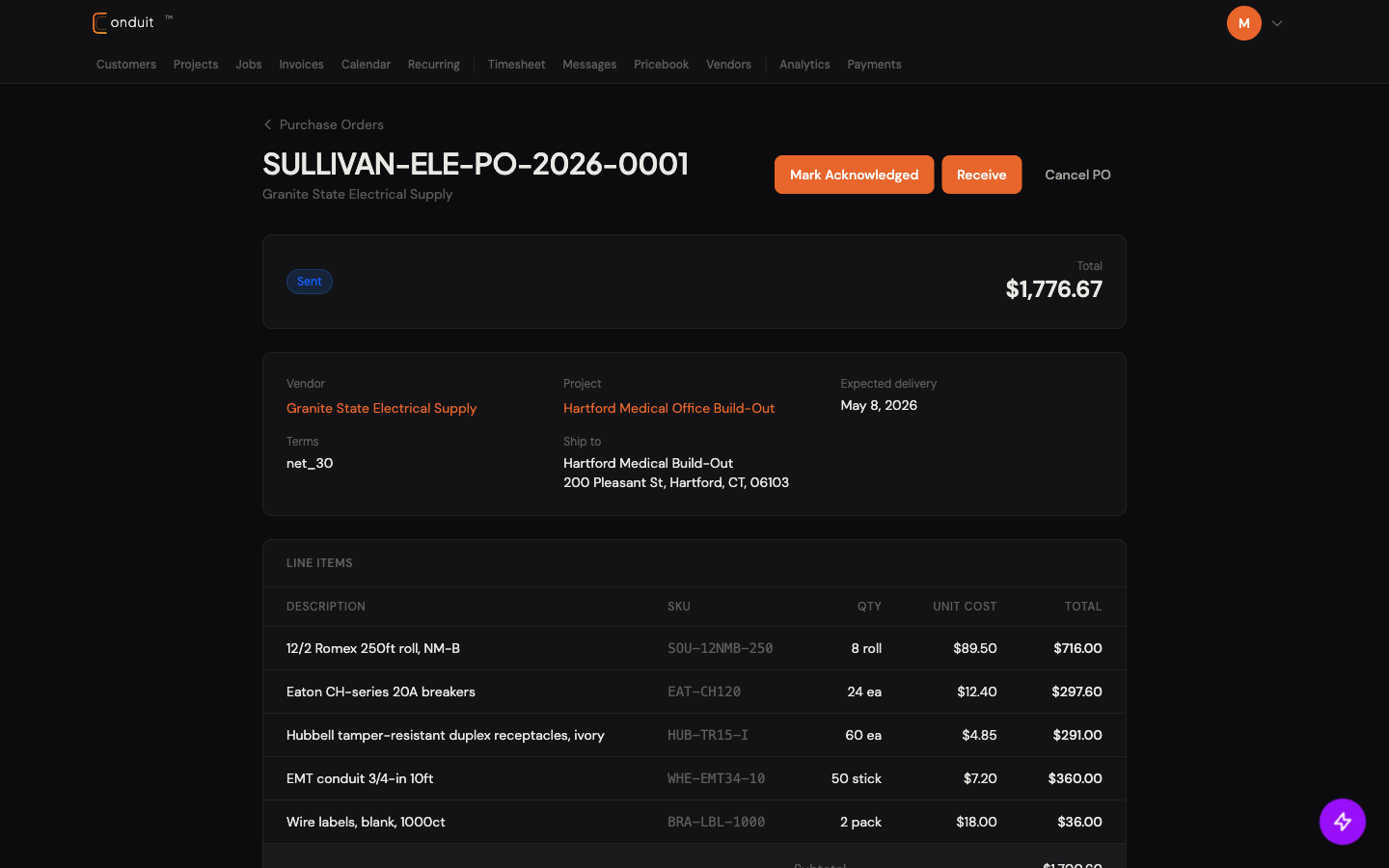 PO detail for SULLIVAN-ELE-PO-2026-0001 from Granite State Electrical Supply: Mark Acknowledged + Receive + Cancel buttons, Sent badge + $1,776.67 total, Vendor + Project + Expected Delivery row, Terms + Ship to row, five-line items table