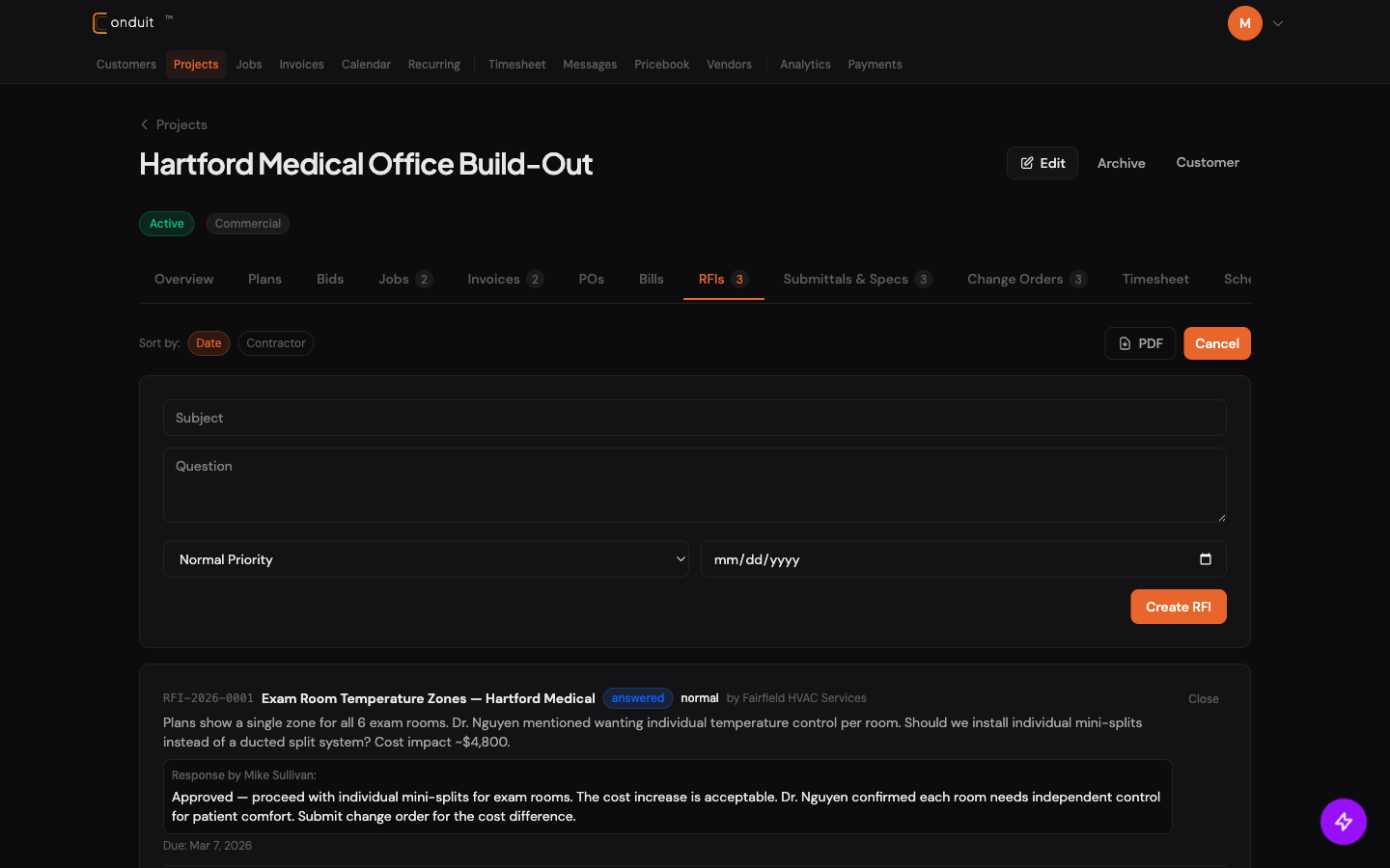 Project RFIs tab with the inline New RFI form expanded — RFIs tab active, Cancel button at top right, Subject + Question fields, Priority dropdown, Due Date, Create RFI button