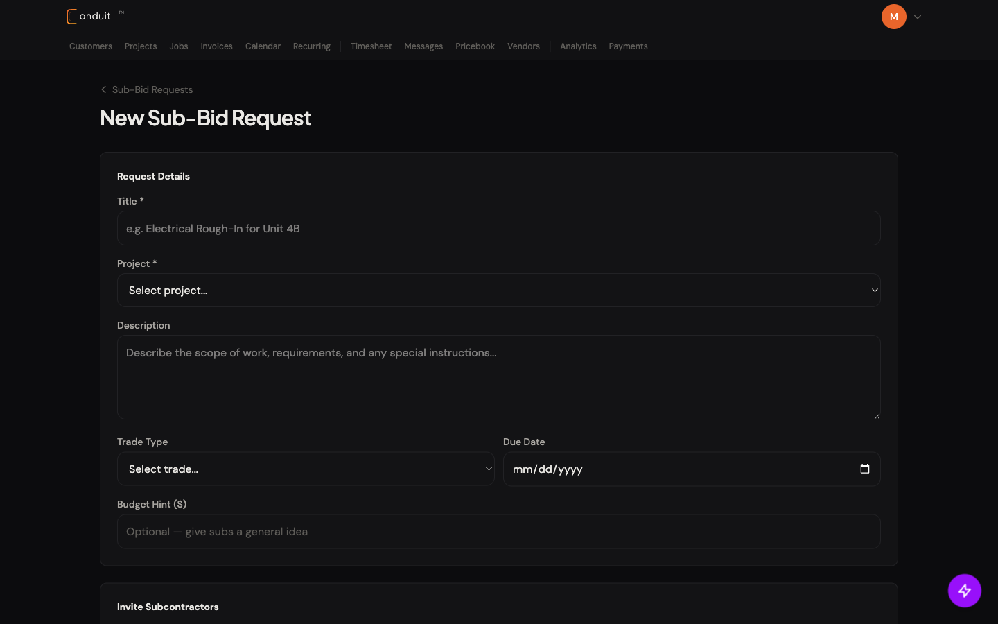 New Sub-Bid Request form with Title, Project picker, Description textarea, Trade Type and Due Date row, Budget Hint, and Invite Subcontractors section header