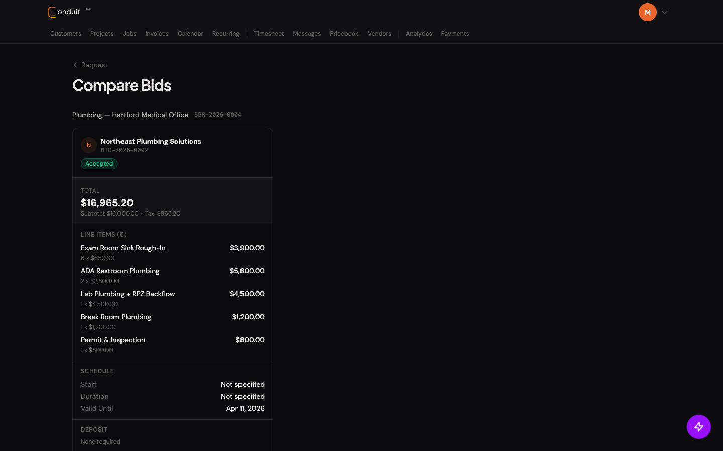Compare Bids view with one accepted sub column: Trade + SBR header, sub name and bid number, Accepted status badge, $16,965.20 Total, Line Items breakdown, Schedule