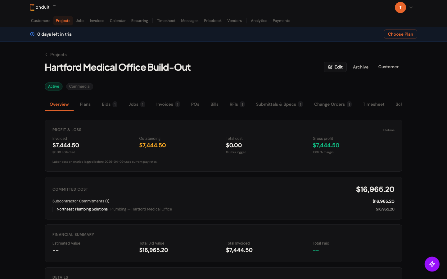 Sub-side mirror project for Hartford Medical: project name and address synced from GC, Active chip, full tab bar with sub-only counts, P&L card, Committed Cost card