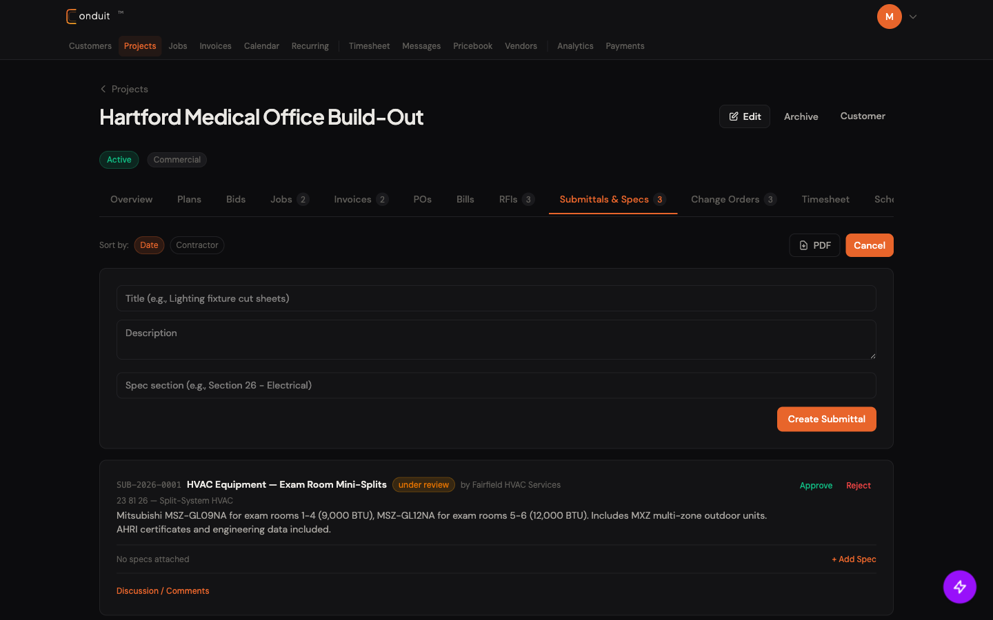 Submittals & Specs tab with inline New Submittal form: Title, Description, Spec section, Create Submittal button, and an existing under-review submittal below