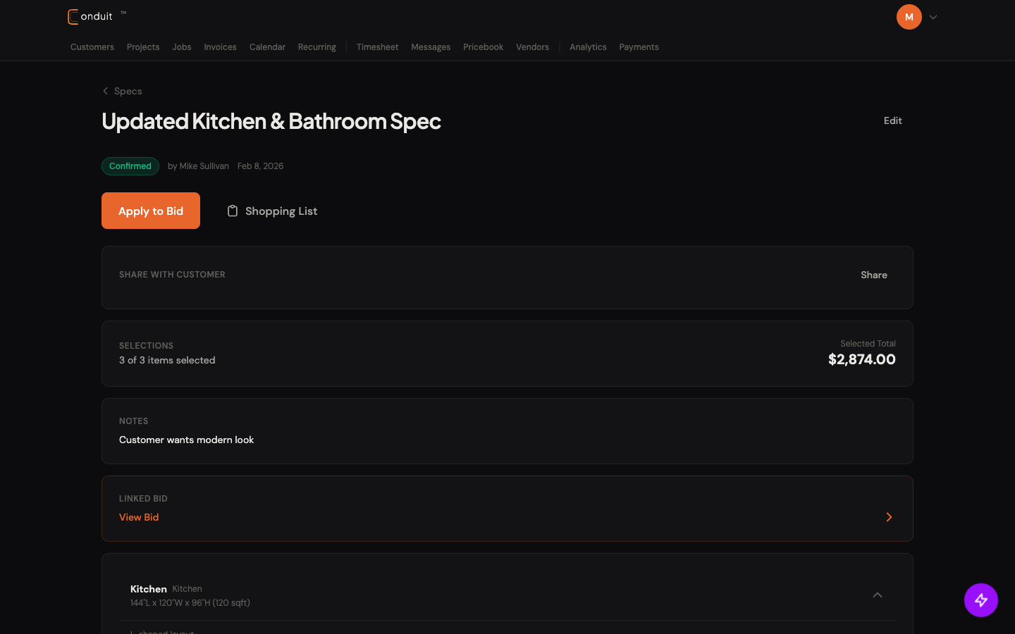 Confirmed spec detail: green Confirmed chip, Apply to Bid button, Shopping List icon, $2,874 Selected Total, Notes, Linked Bid View Bid card, and Kitchen room section below