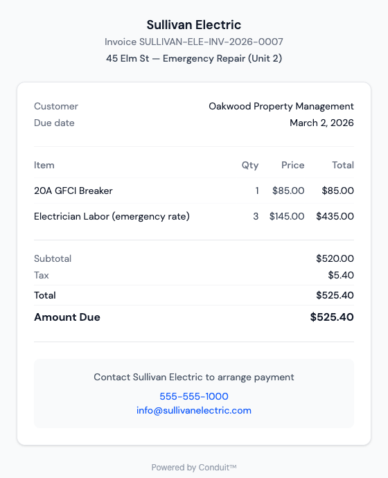 Customer-facing payment portal: Sullivan Electric branding, invoice number, job context, customer, due date, line items, totals, contact block