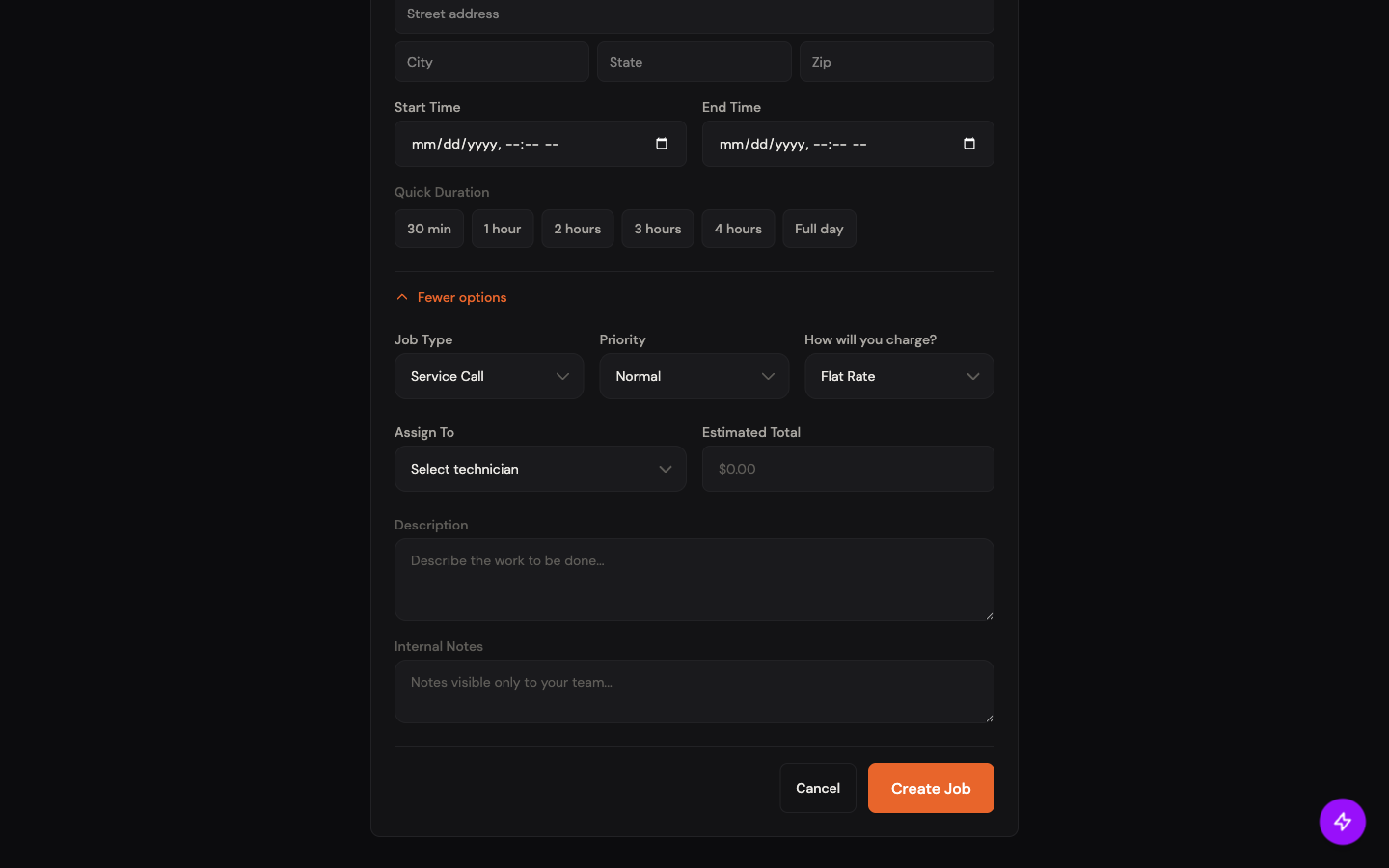 New Job form scrolled to More options expanded, showing Job Type, Priority, Charge Type, Assign To, Description, Internal Notes, and Create Job button
