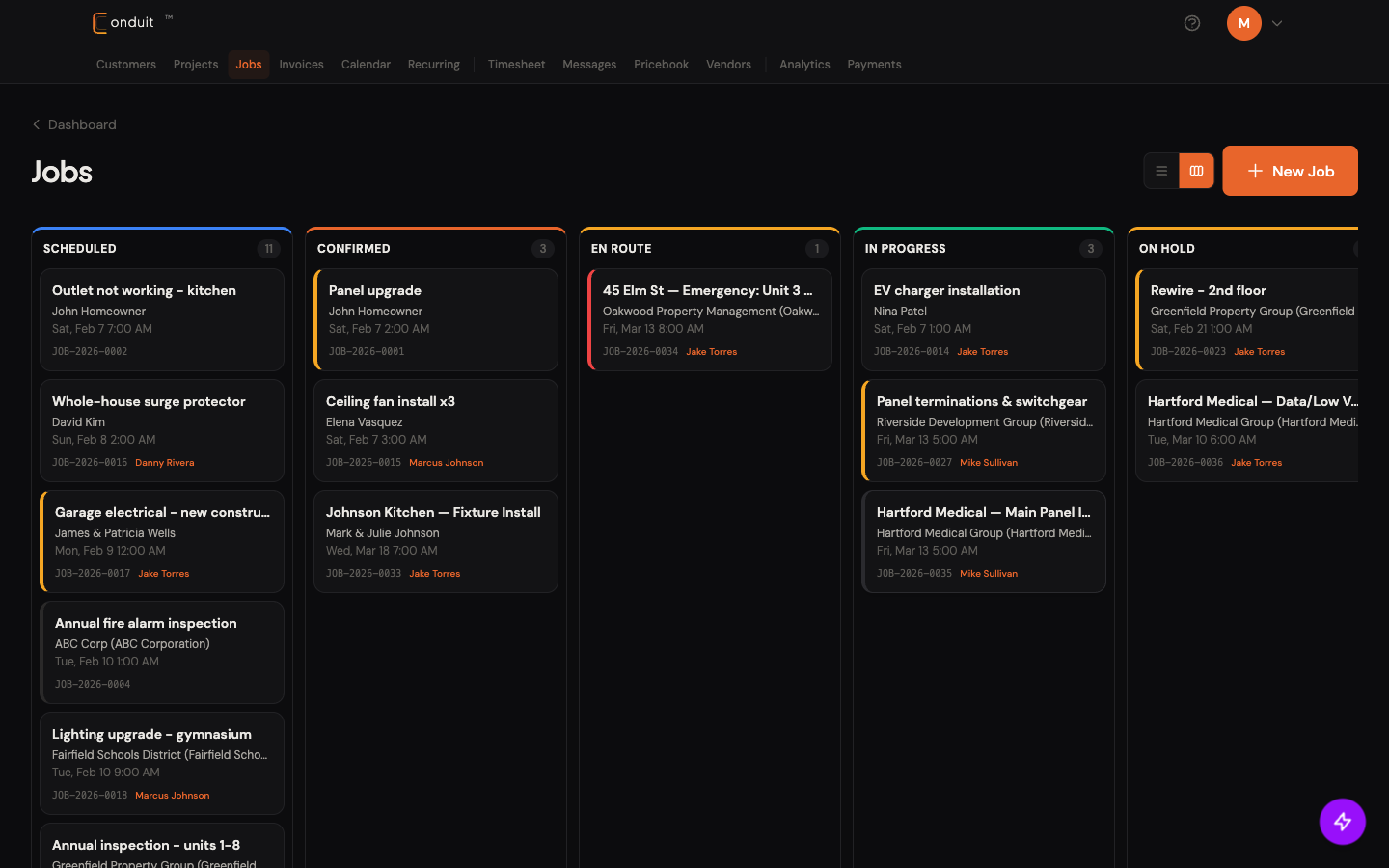Jobs page in Pipeline view showing Scheduled (11), Confirmed (3), En Route (1), In Progress (3), and On Hold columns with job cards