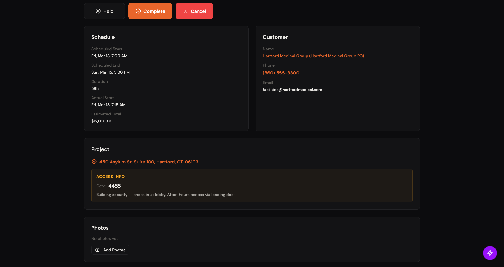 Schedule and Customer cards on the job detail page, plus a Project card with access info