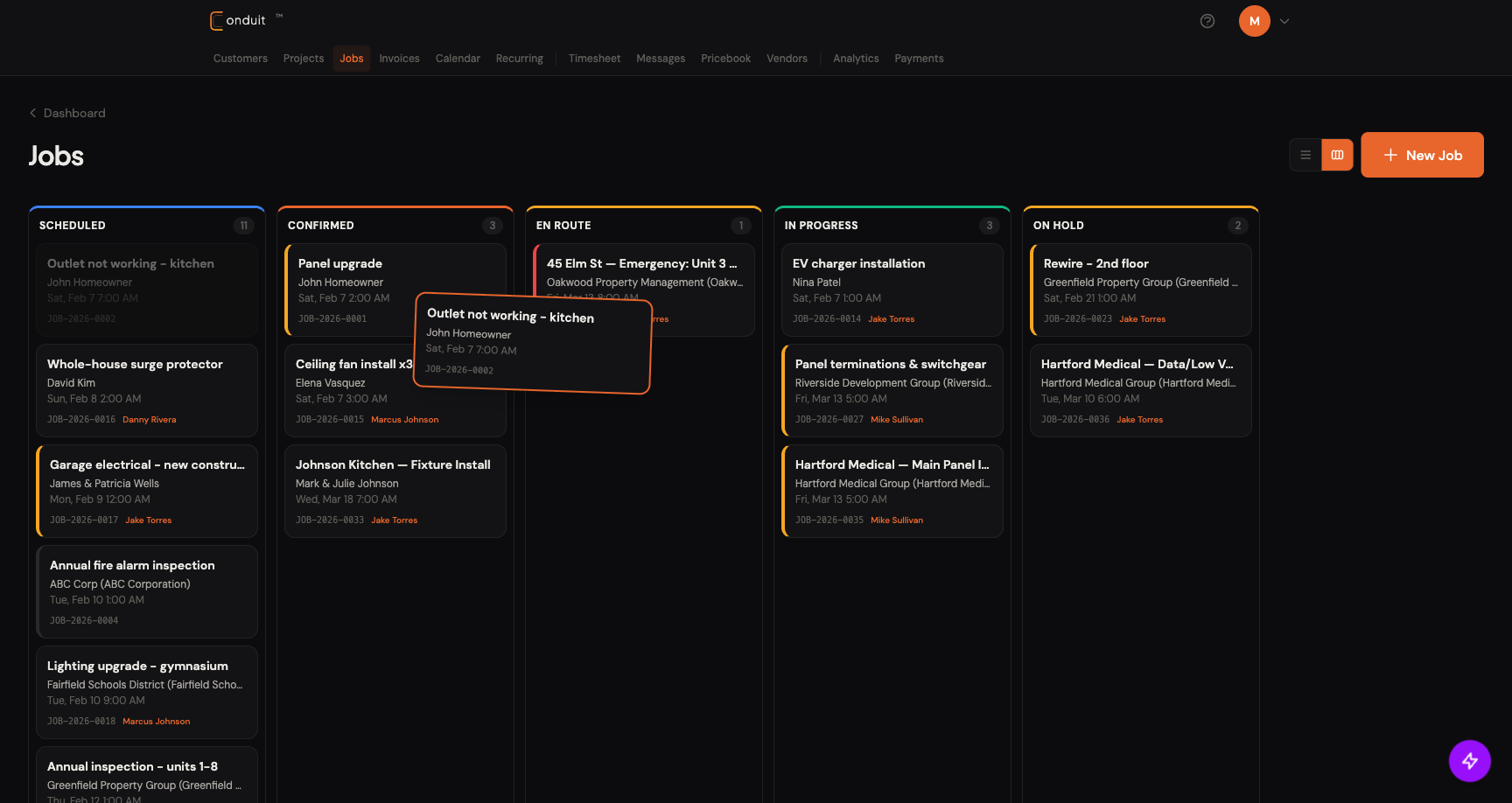 Pipeline view with a card being dragged from Scheduled toward another column, showing the source dimmed in place and a lifted overlay following the cursor
