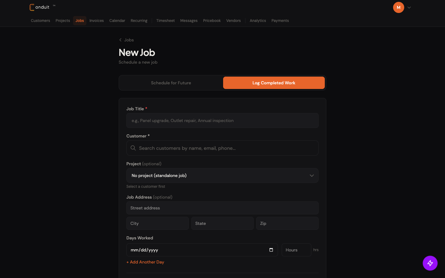 New Job form with the toggle flipped to Log Completed Work, showing Days Worked grid