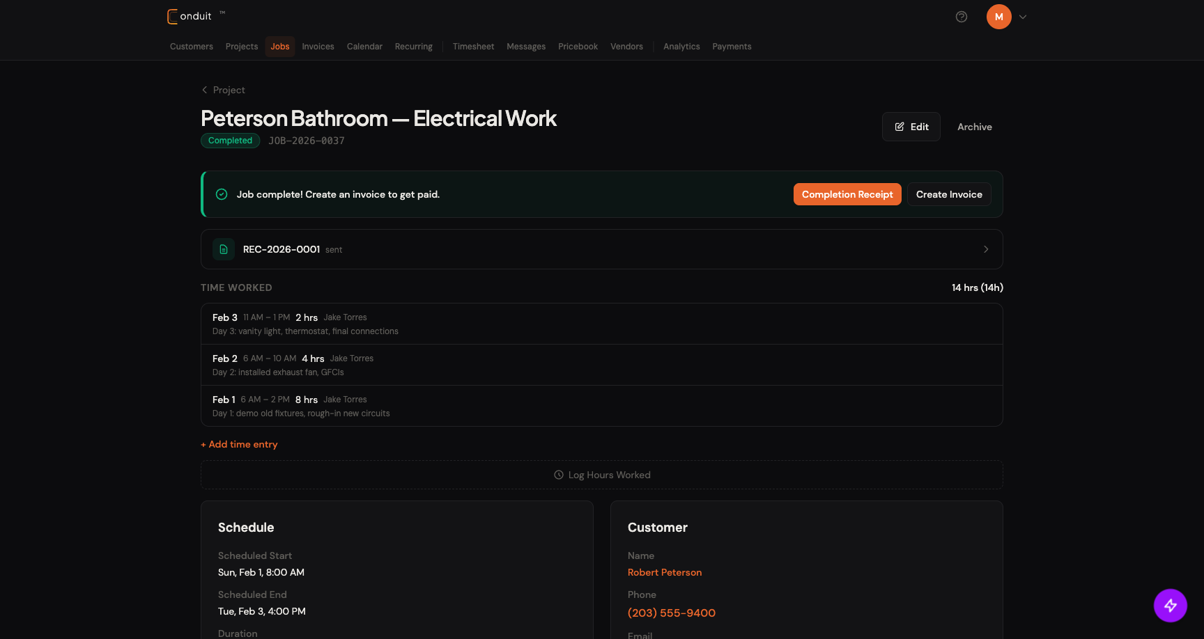 Completed job detail page for Peterson Bathroom showing the green Job complete prompt with Create Invoice button and the time entries below