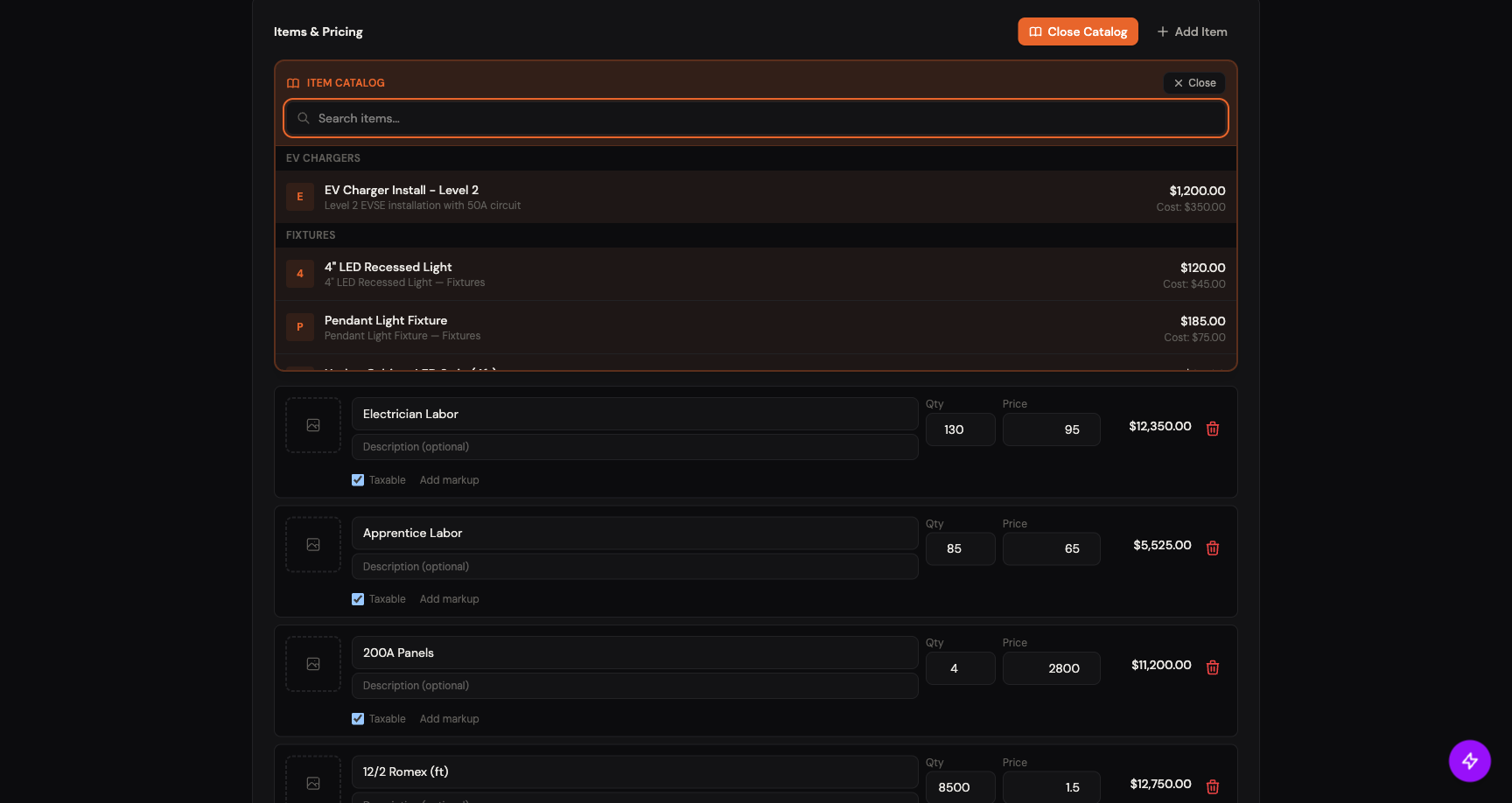 Item Catalog drawer expanded above the line-items list, showing EV Chargers and Fixtures categories with searchable rows