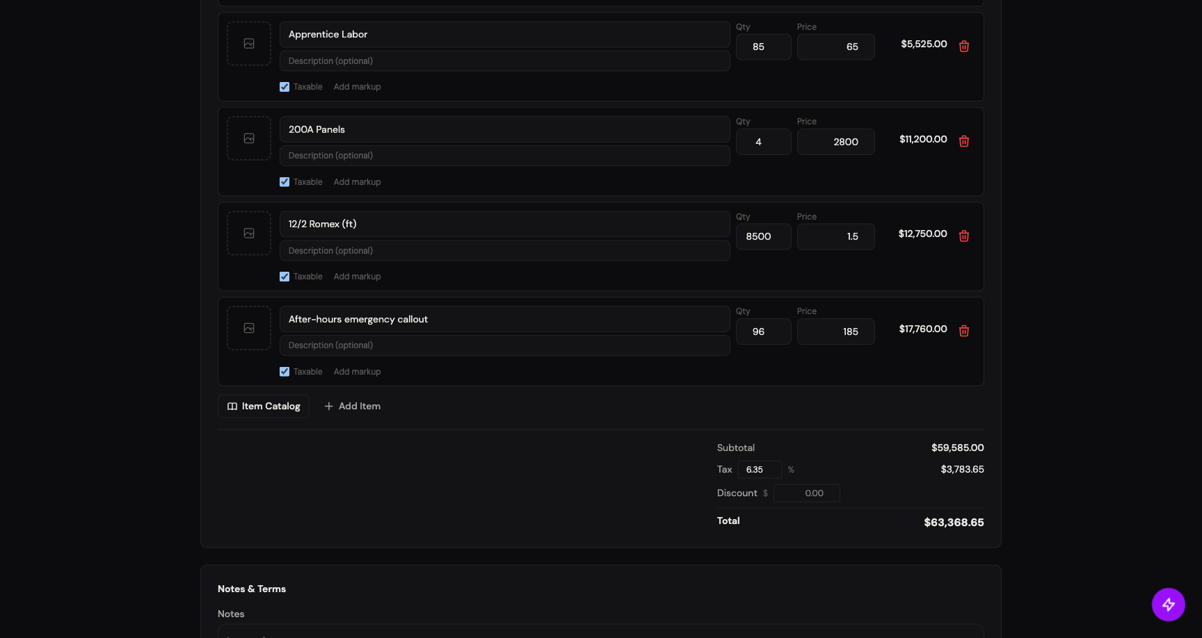 Invoice line items list with a custom line typed at the bottom (After-hours emergency callout) plus the Item Catalog and Add Item buttons