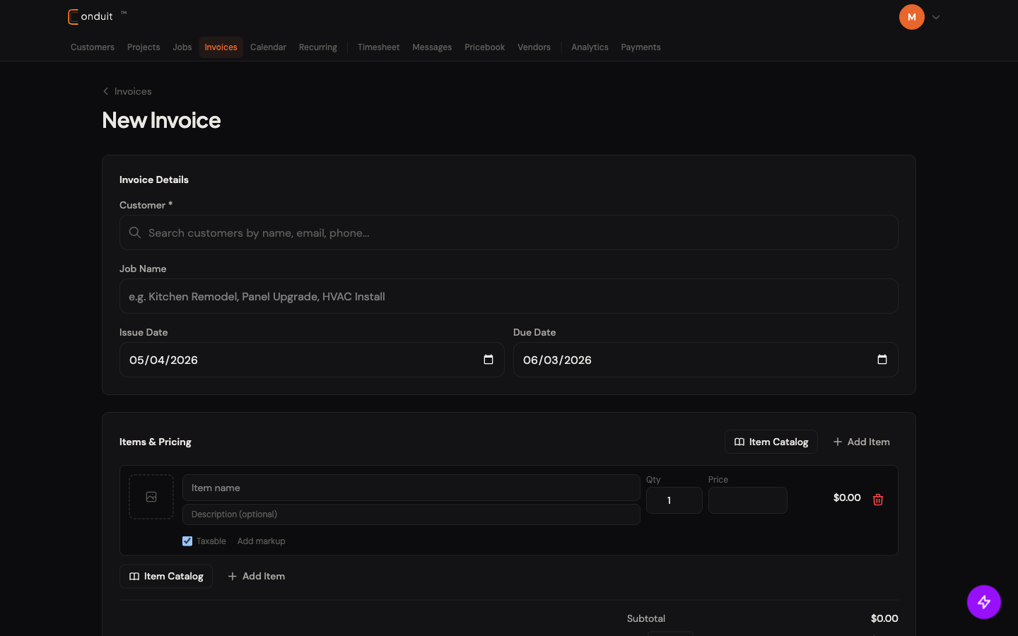 New Invoice form with Invoice Details section showing Customer search, Job Name, Issue Date, Due Date