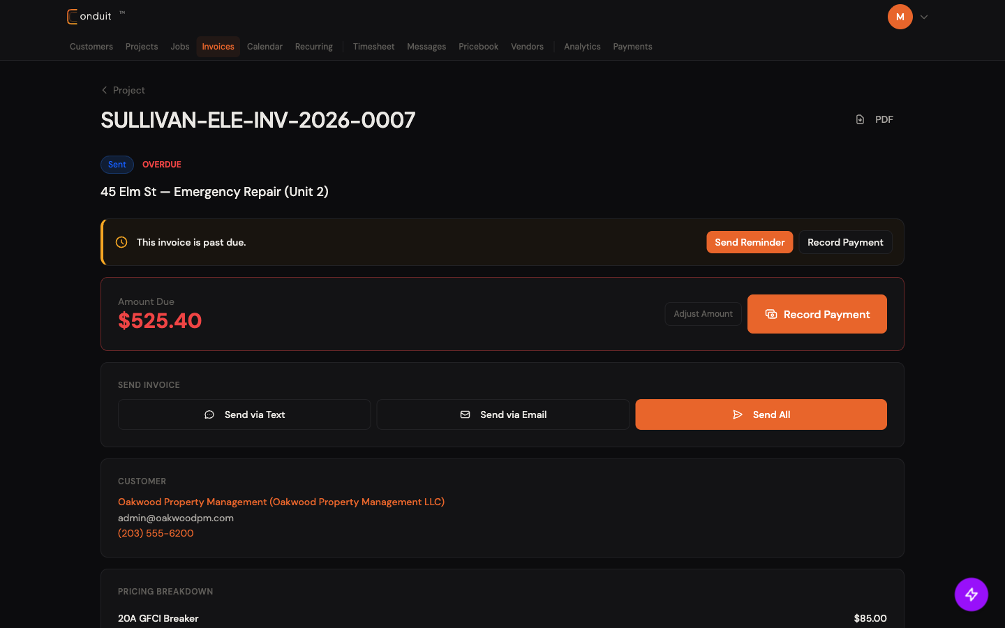 Invoice detail page for SULLIVAN-ELE-INV-2026-0007 with Sent + Overdue badges, past-due banner, Amount Due card, and Send via Text / Email / All buttons