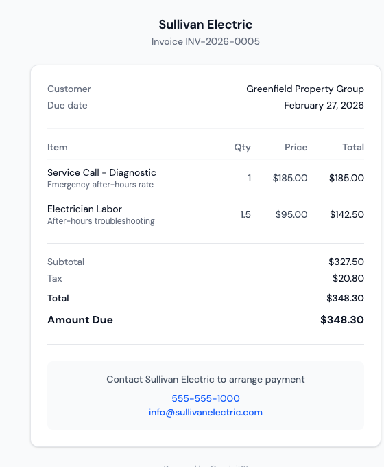 Customer-facing public payment portal showing Sullivan Electric branding, invoice number, customer + due date, line items, totals, and contact block