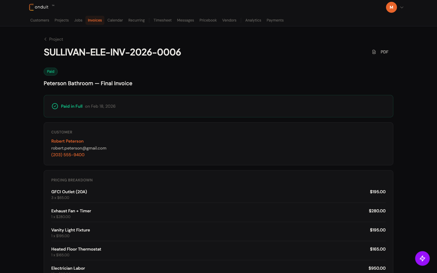 Contractor view of paid invoice SULLIVAN-ELE-INV-2026-0006 with green Paid badge, Paid in Full on Feb 18 banner, customer card, and read-only pricing breakdown