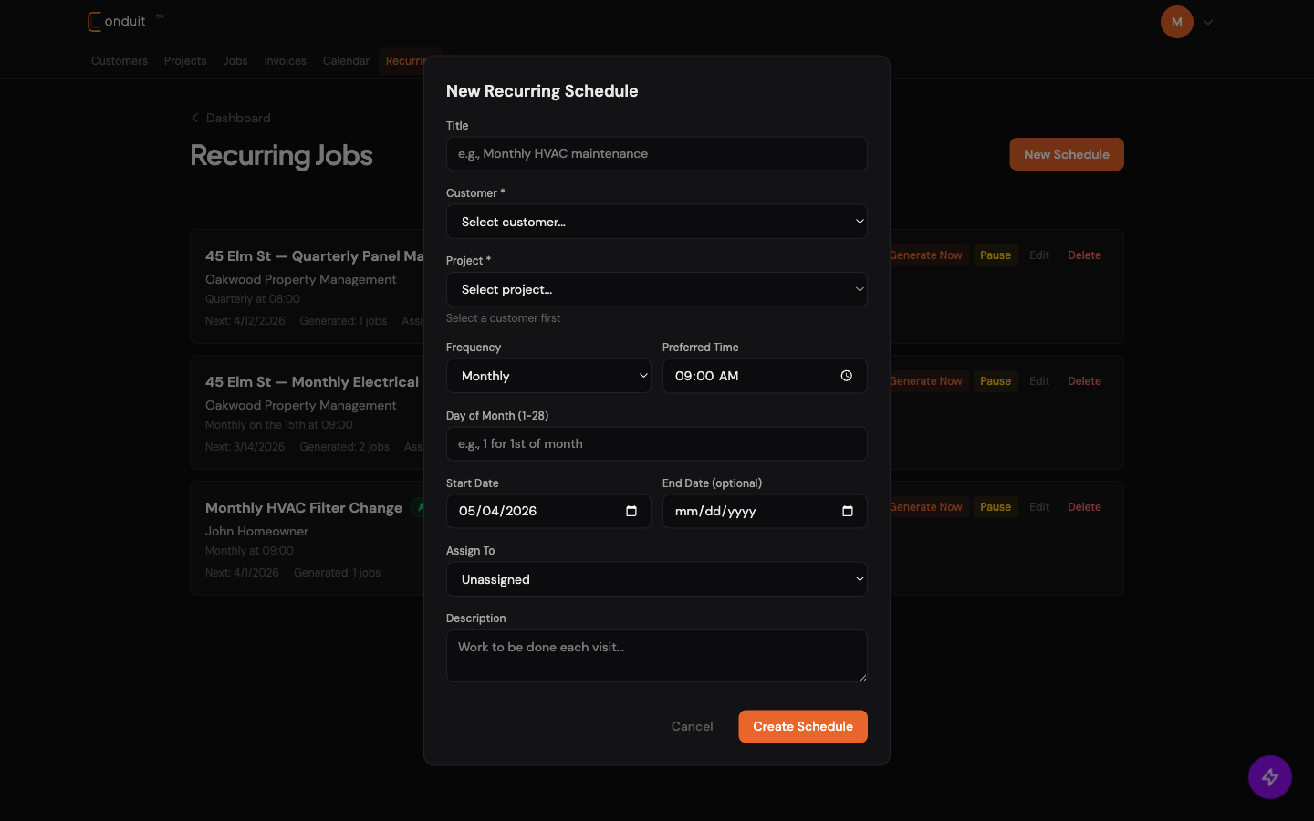 New Recurring Schedule modal focused on the cadence block: Frequency, Preferred Time, Day of Month, Start Date, End Date