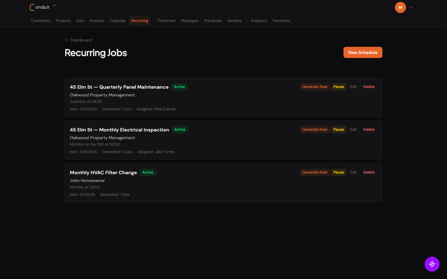 Recurring Jobs list with + New Schedule button, three Active schedules, each with frequency summary, next-run date, generated job count, and Generate Now / Pause / Edit / Delete row actions