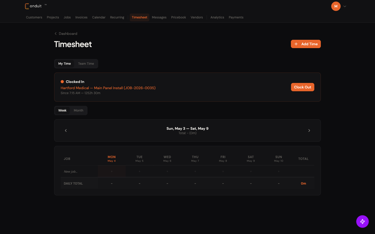Timesheet My Time tab in Week view: tabs and Week/Month toggle, date range navigator (Sun May 3 — Sat May 9), JOB rows by MON–SUN columns, DAILY TOTAL row at bottom