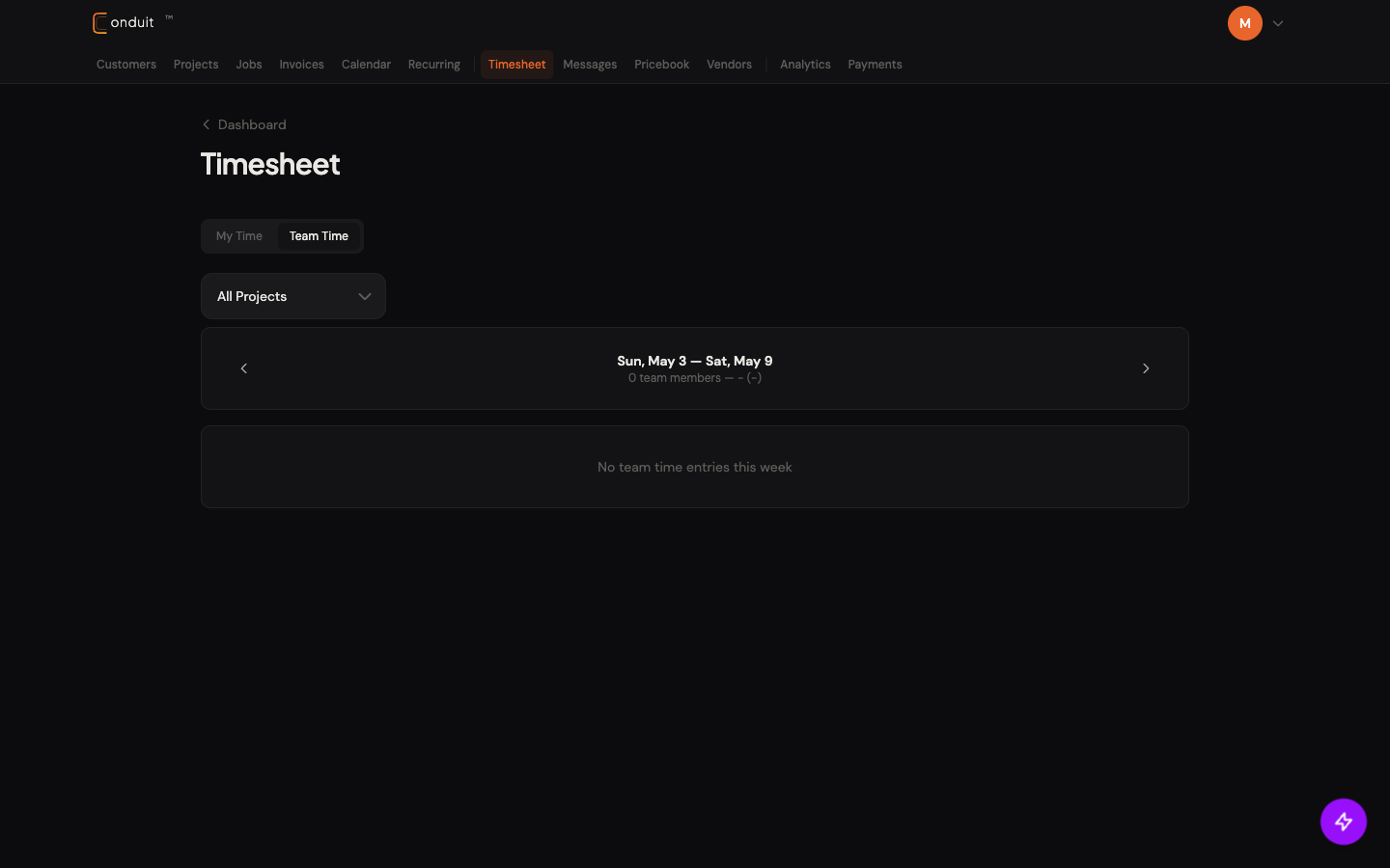 Timesheet Team Time tab: active tab, All Projects filter, week navigator (Sun May 3 — Sat May 9, 0 team members), and 'No team time entries this week' empty state